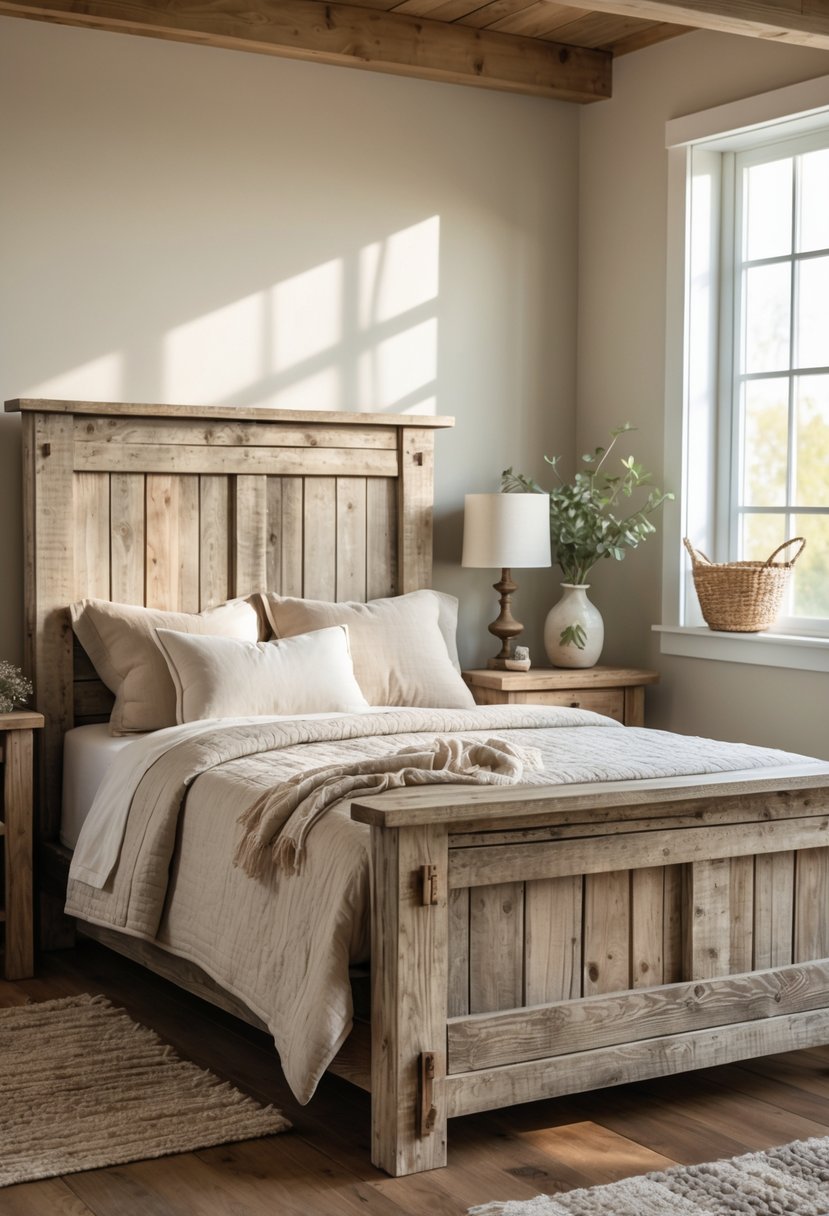 A bedroom with a distressed wood bed frame, soft bedding, a wooden nightstand with a lamp, and natural light coming through a window.