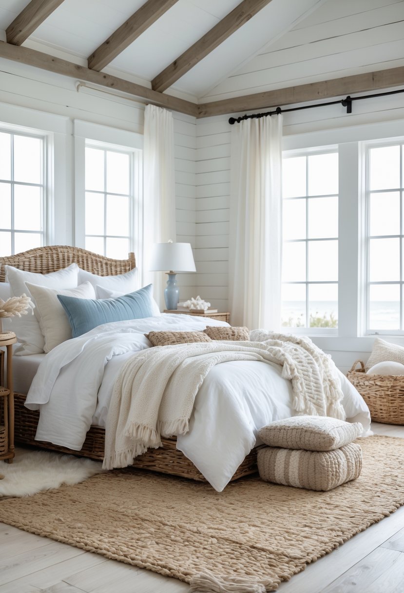 A bright bedroom with a bed, wooden furniture, and a natural woven seagrass rug on the floor.