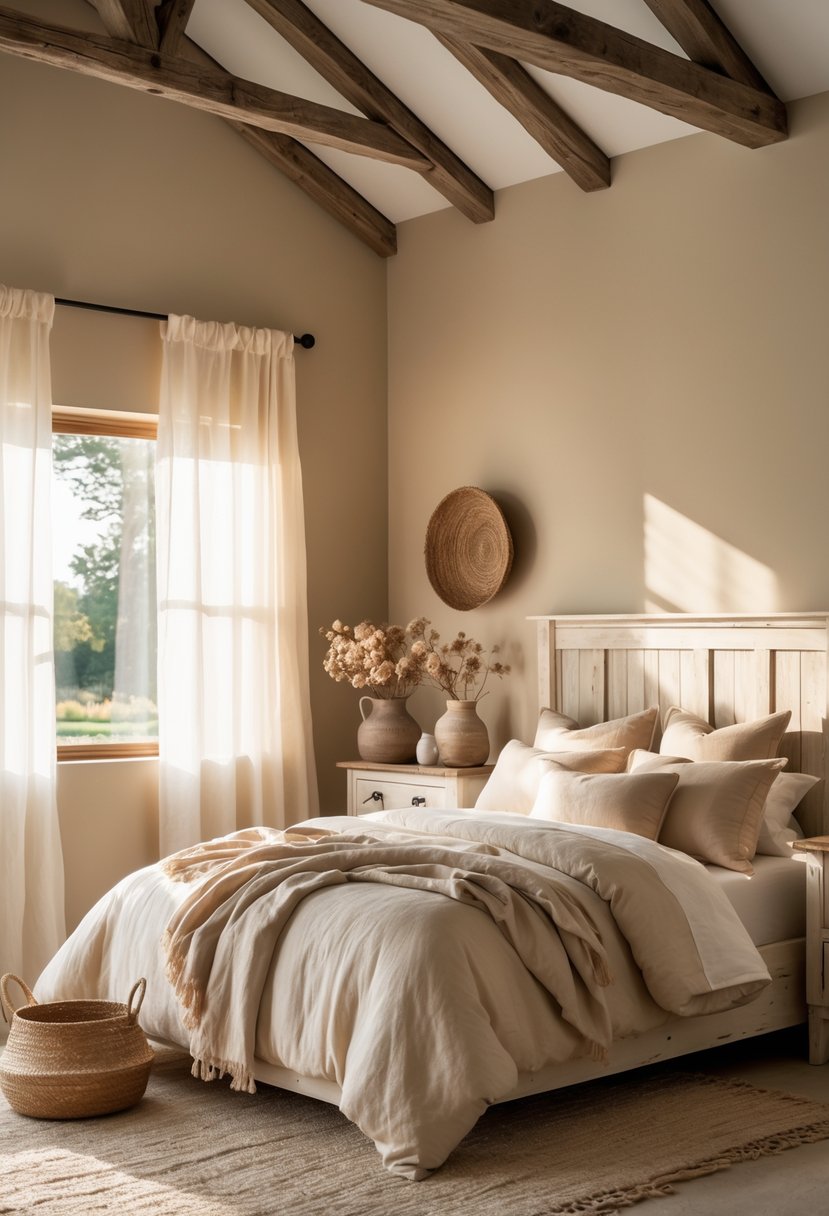 A bedroom with a large bed, wooden furniture, soft cream and beige colors, sunlight coming through curtains, and simple decorative items.