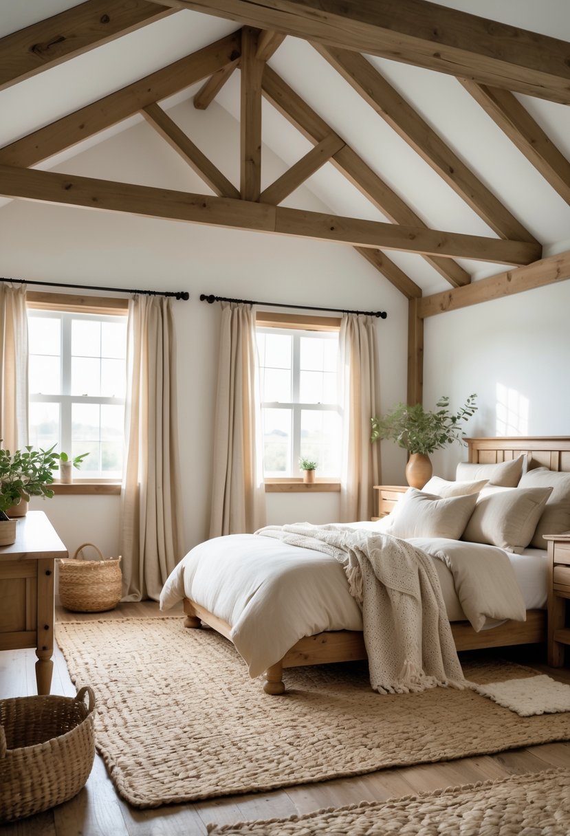 A cozy bedroom with a large bed, wooden furniture, and woven jute rugs on the floor, illuminated by natural light.