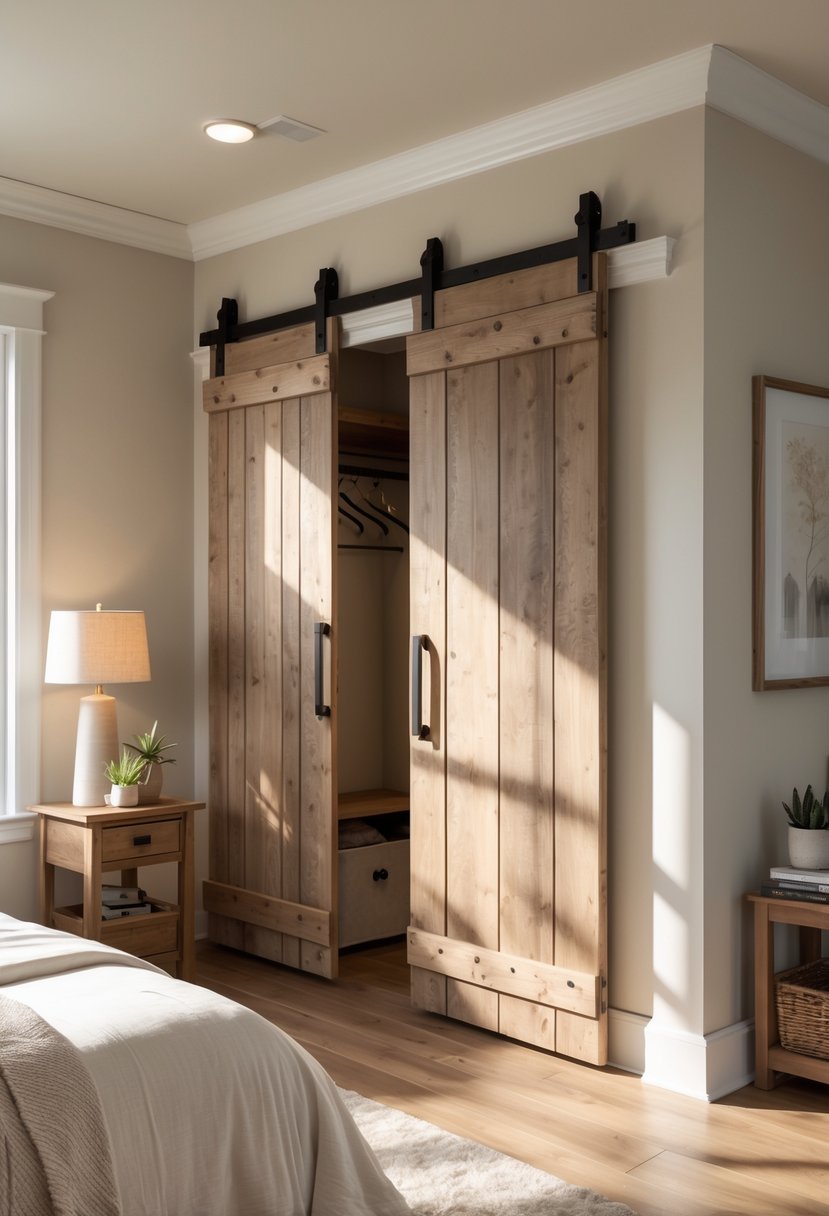 A bedroom with a wooden sliding barn door closet, a neatly made bed, and a small nightstand with a lamp and plant.