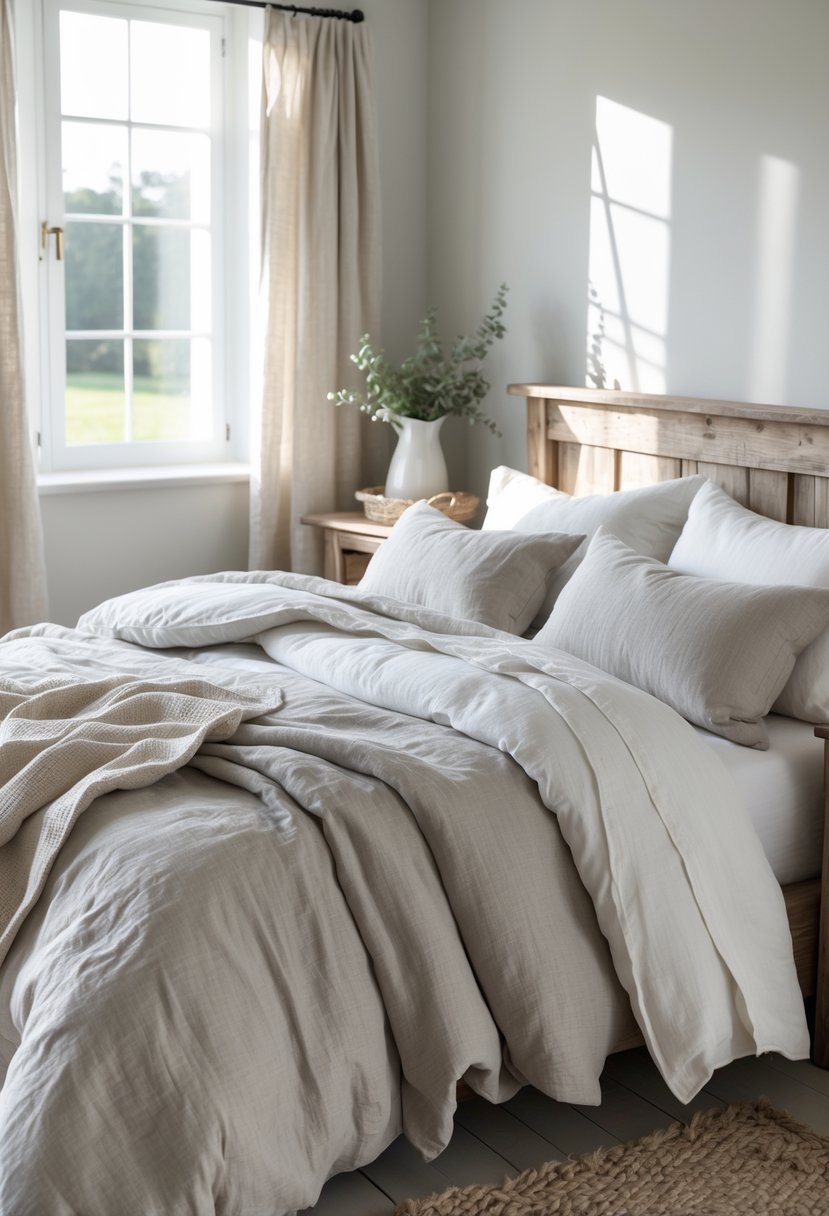 A cozy bedroom with a neatly made bed featuring soft white and muted gray linen bedding, rustic wooden furniture, and natural light coming through a window.