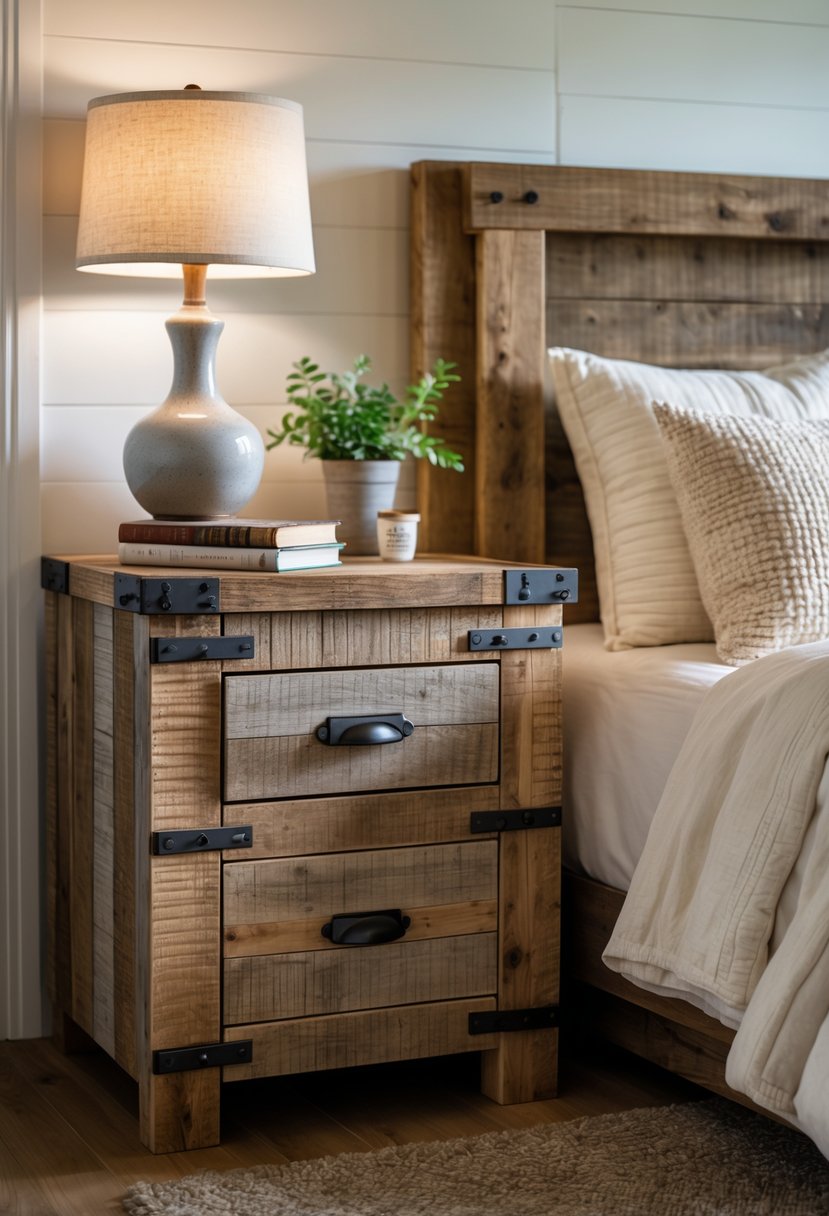 A bedroom with a bed flanked by two wooden nightstands made from reclaimed wood, each holding a lamp, a plant, and books.