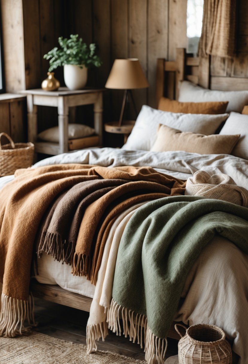 A cozy bedroom with layered wool throws in earthy colors draped over a wooden bed, featuring natural light and farmhouse decor.