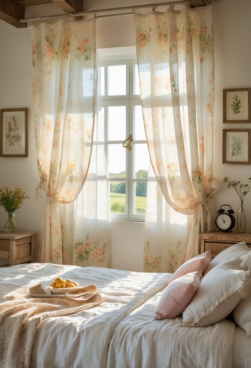 A cozy bedroom with floral curtains, a bed with white linens and pillows, wooden furniture, and sunlight streaming through a window.