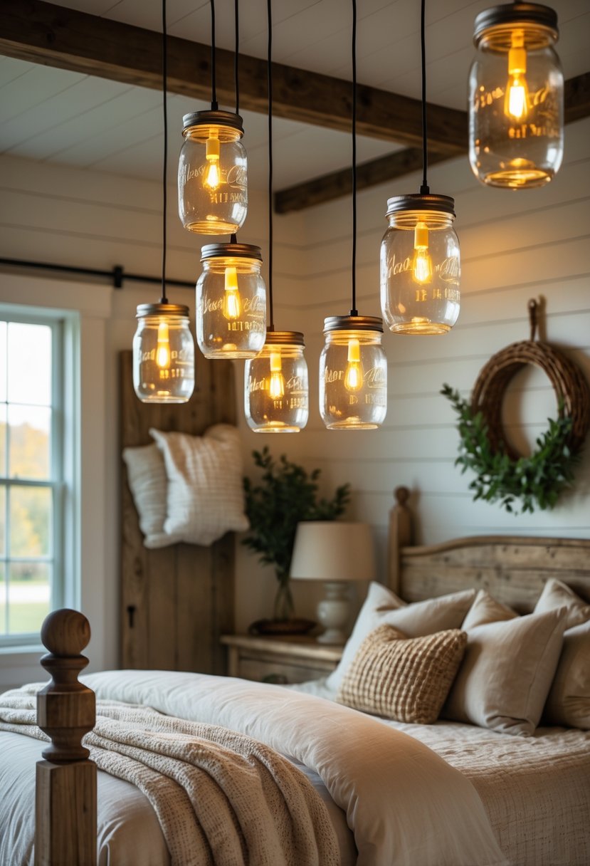 Bedroom with mason jar pendant lights hanging from the ceiling, rustic wooden furniture, and a neatly made bed.