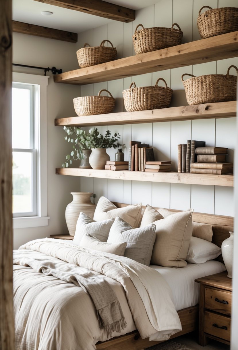 A bedroom with open wooden shelves displaying decorative items next to a bed with layered bedding.