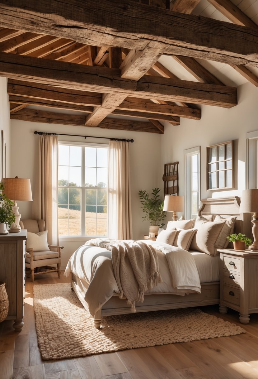 A bedroom with wooden ceiling beams, a bed with neutral linens, wooden furniture, and natural light coming through large windows.