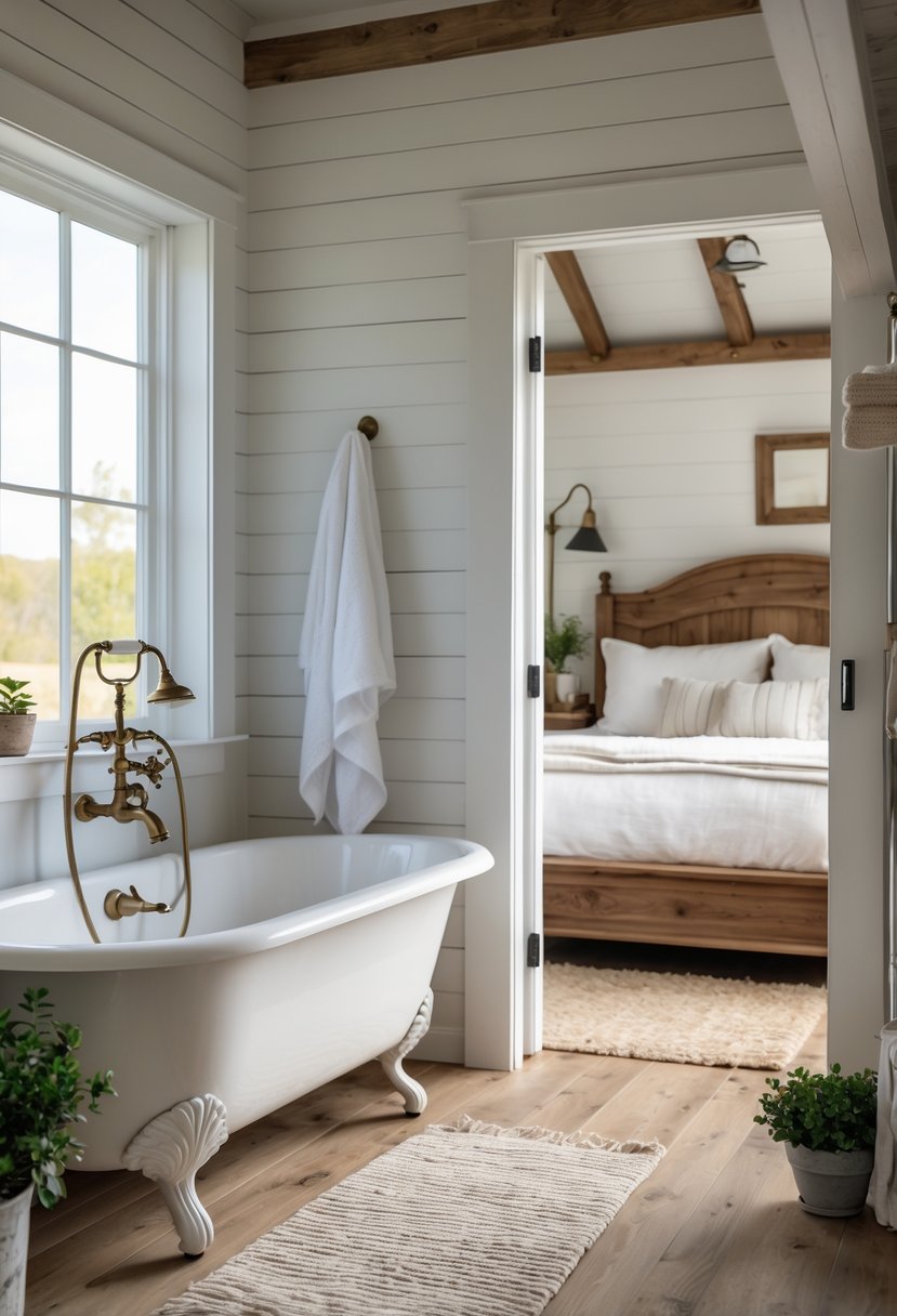 A clawfoot bathtub in an en suite bathroom connected to a bedroom with a wooden bed and white linens.