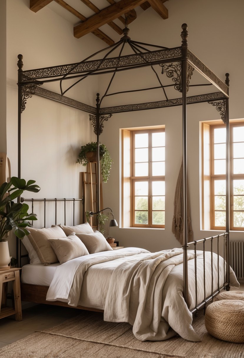 A bedroom with a metal canopy bed, soft bedding, wooden furniture, and natural light coming through the windows.