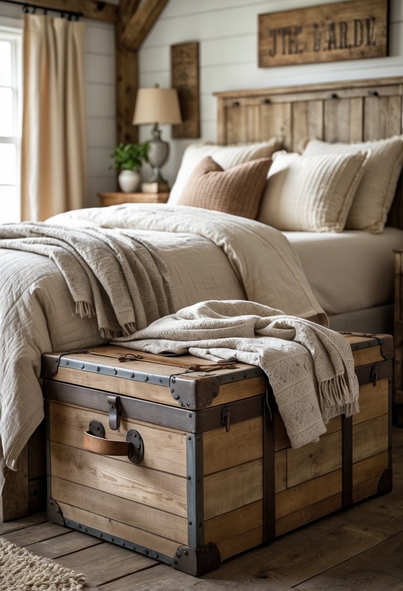 A bedroom with a vintage wooden trunk at the foot of the bed used for storage.