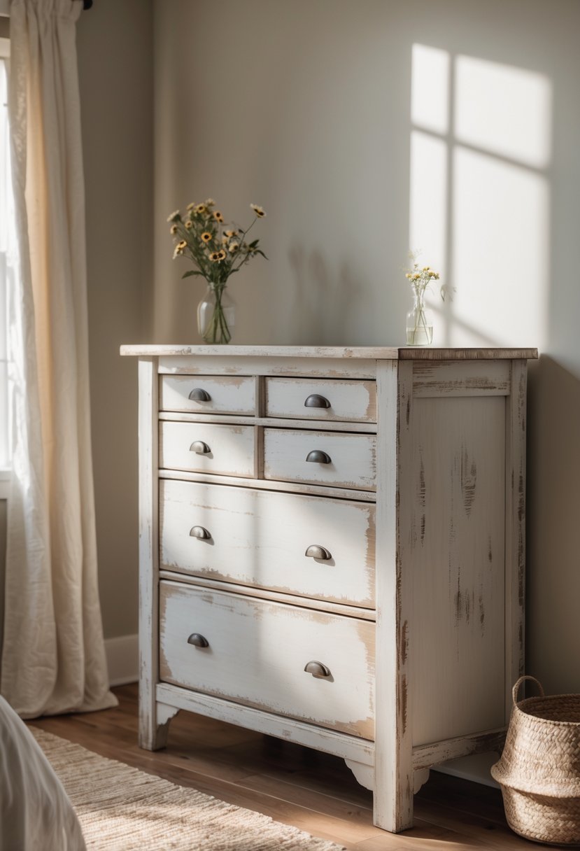 A wooden dresser with worn paint in a bedroom with natural light and simple decor.