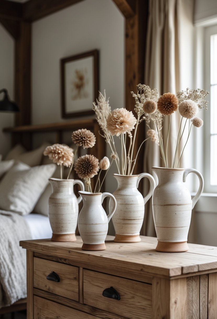 Ceramic pitchers used as vases with flowers on a wooden dresser in a bedroom.