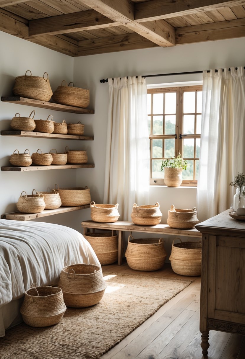 A country farmhouse bedroom with handwoven baskets used for storage on shelves and furniture, featuring a bed and natural light.