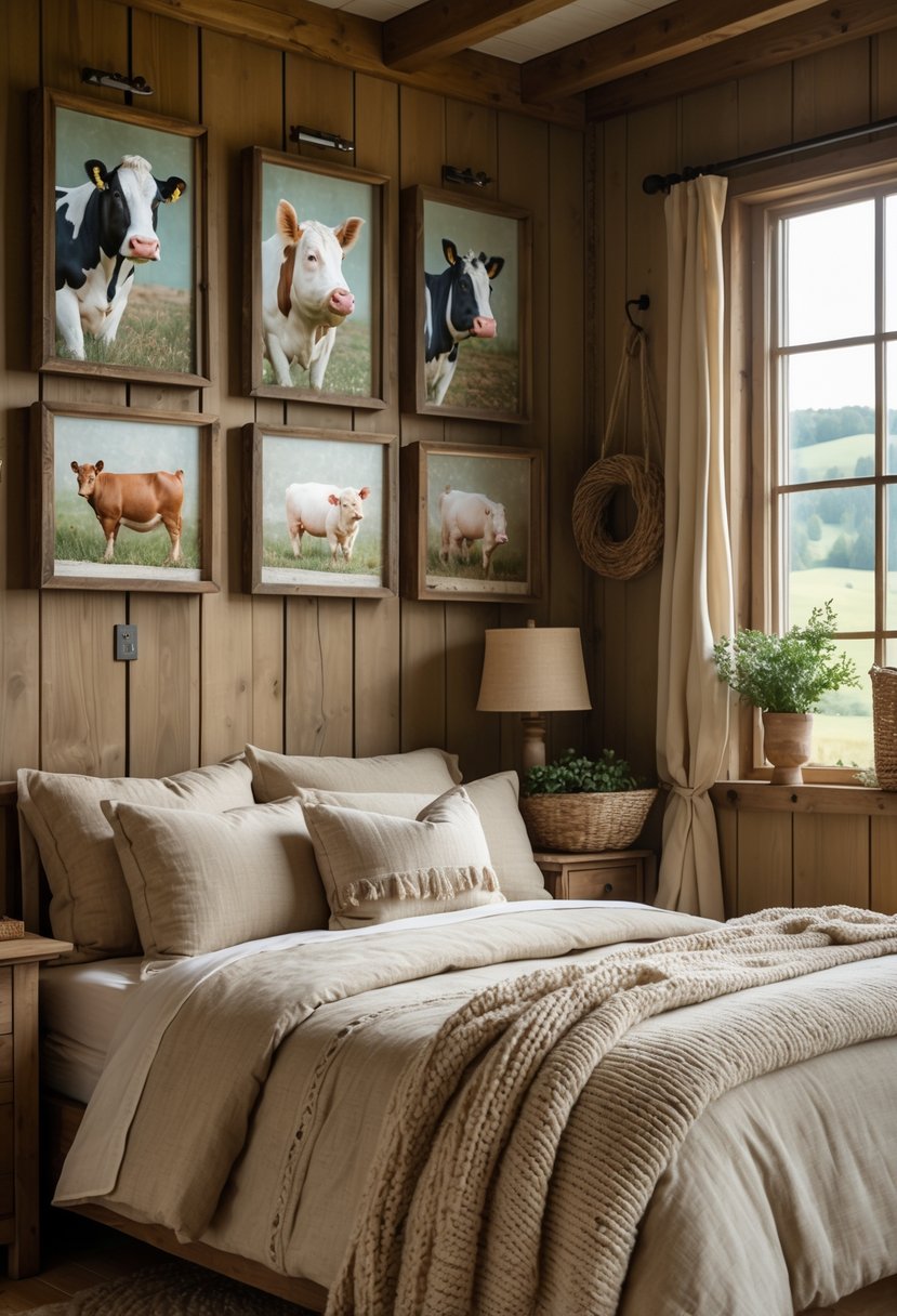 A bedroom with wooden walls and framed pictures of farm animals above the bed, featuring cozy bedding and natural light.