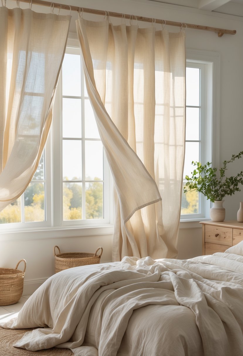 A bright bedroom with natural fabric curtains over large windows, a cozy bed, wooden furniture, and plants.