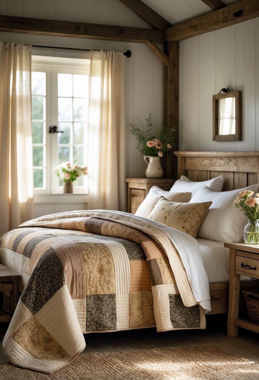 A cozy bedroom with a bed covered by a quilted patchwork bedspread, wooden furniture, and natural light coming through a window.