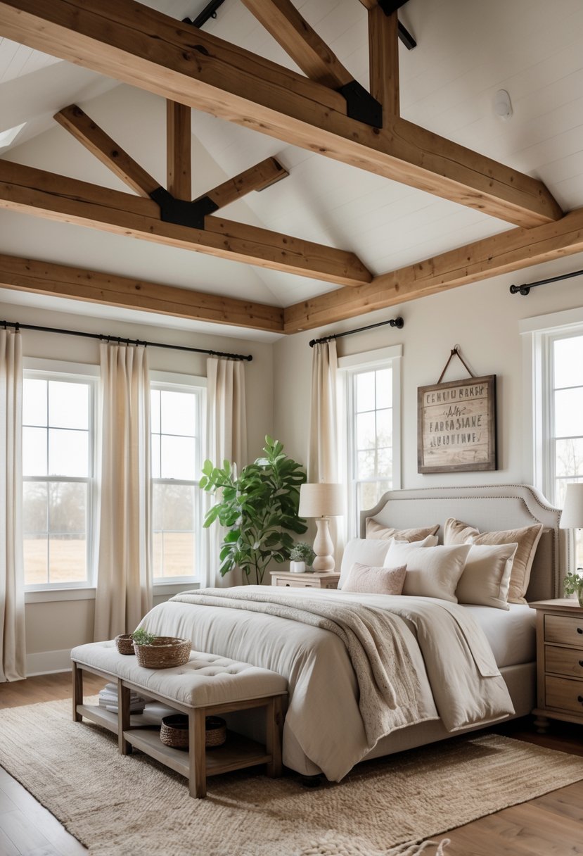 A spacious bedroom with a wooden beam ceiling, a large bed, nightstands, and natural light coming through windows.