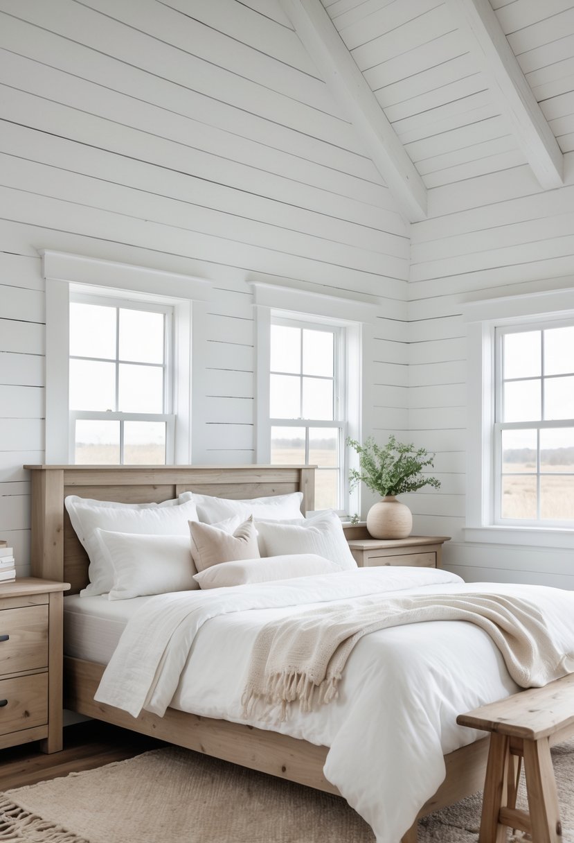 A bright bedroom with a large bed, white walls, wooden furniture, and natural light coming through windows.
