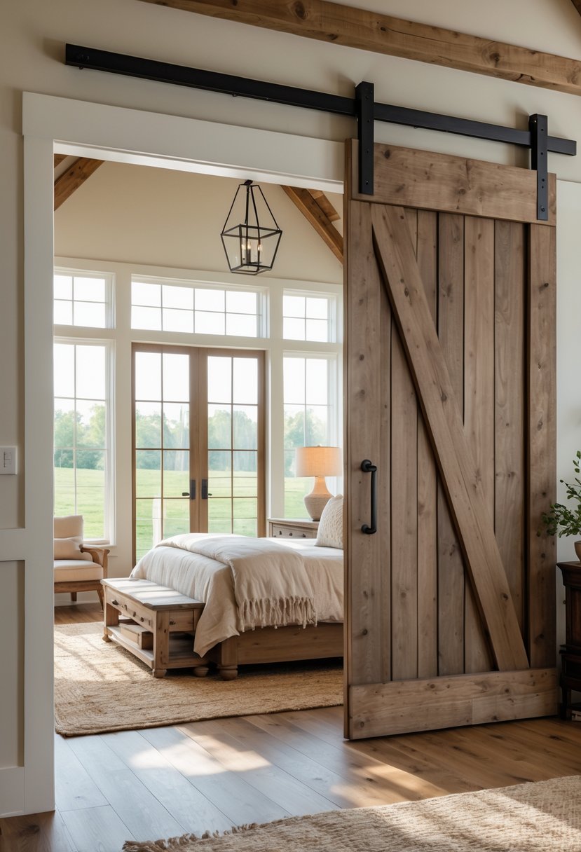 A spacious bedroom with a bed, wooden furniture, large windows, and a sliding barn door.