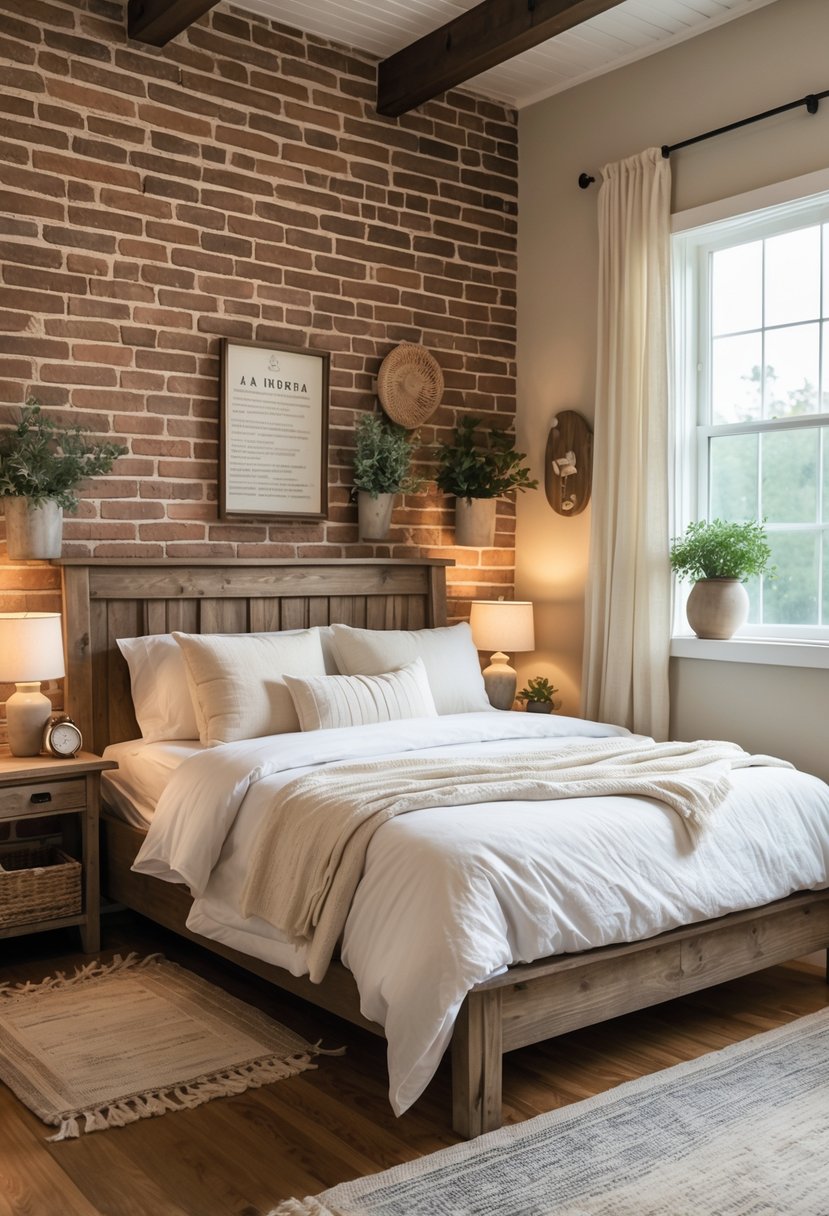 A bedroom with a brick wall behind a wooden bed, natural light coming through a window, and simple furniture.