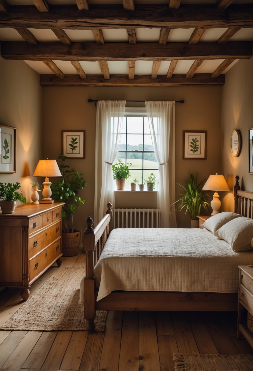 A cozy bedroom with a wooden bed, dresser, bedside table with lamp, a window with curtains, and plants in the room.