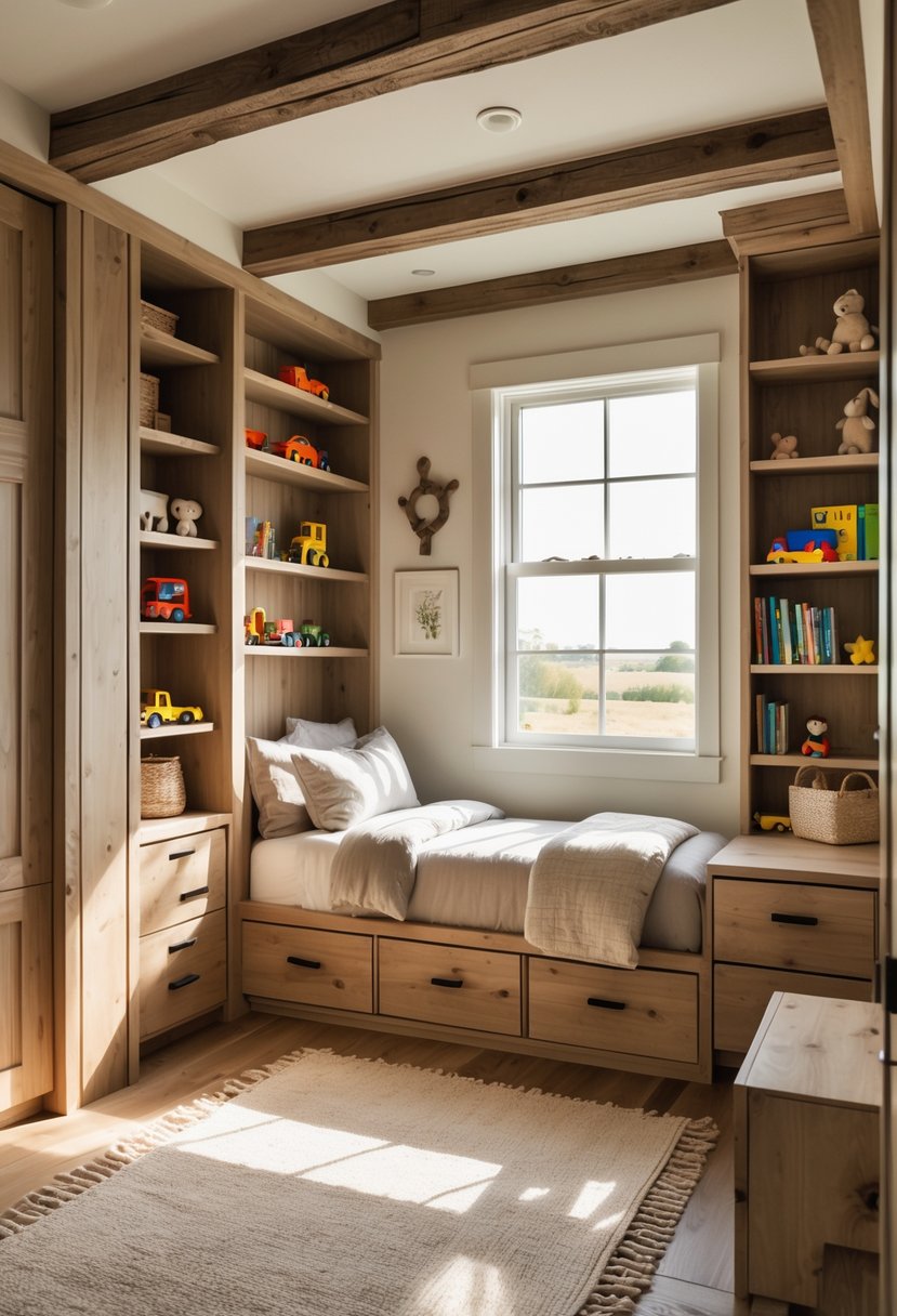 A children's bedroom with built-in storage, a bed, shelves with toys and books, and natural light coming through a window.