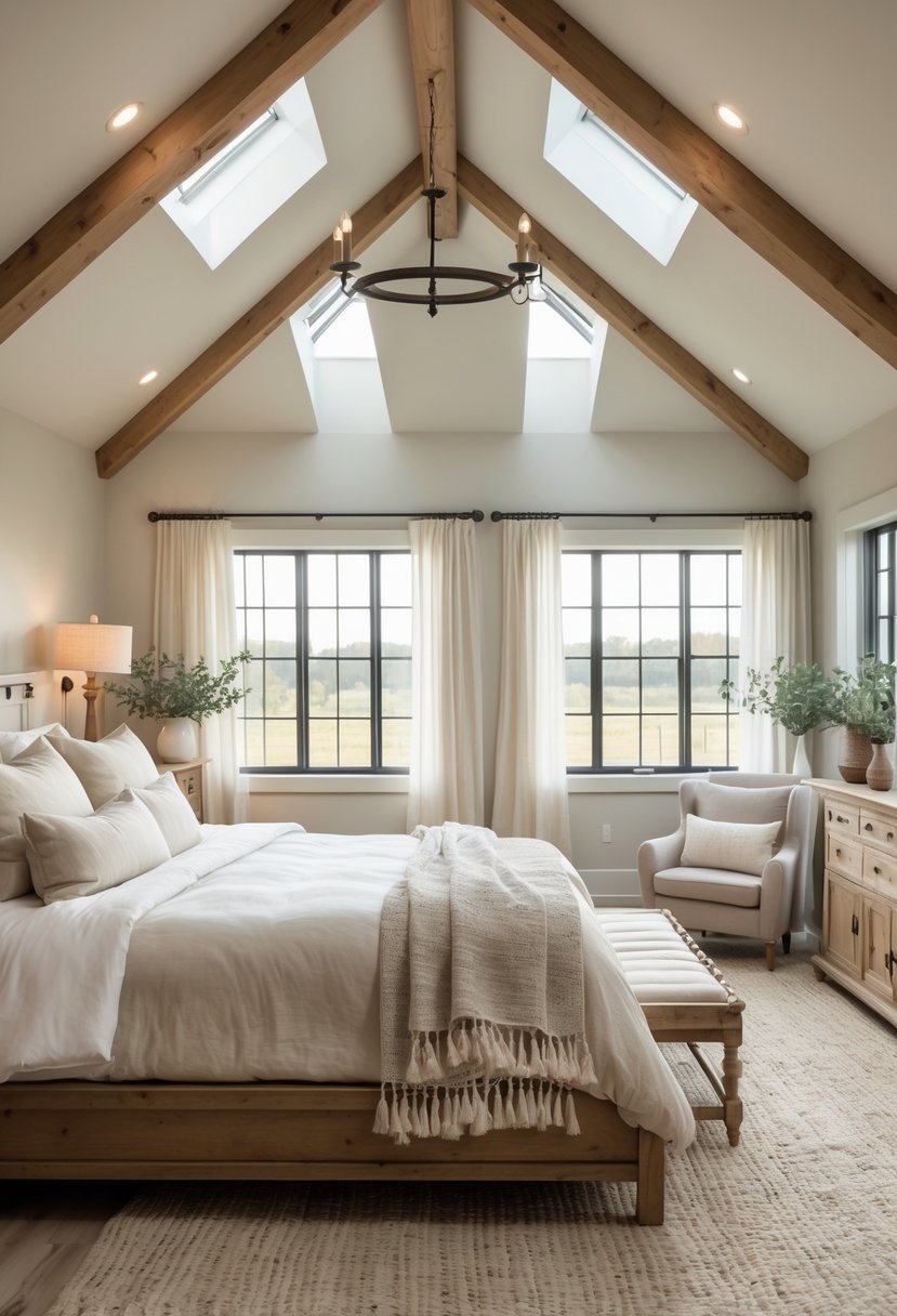 A bright bedroom with a vaulted ceiling, skylights, a large bed, wooden furniture, and natural light filling the space.