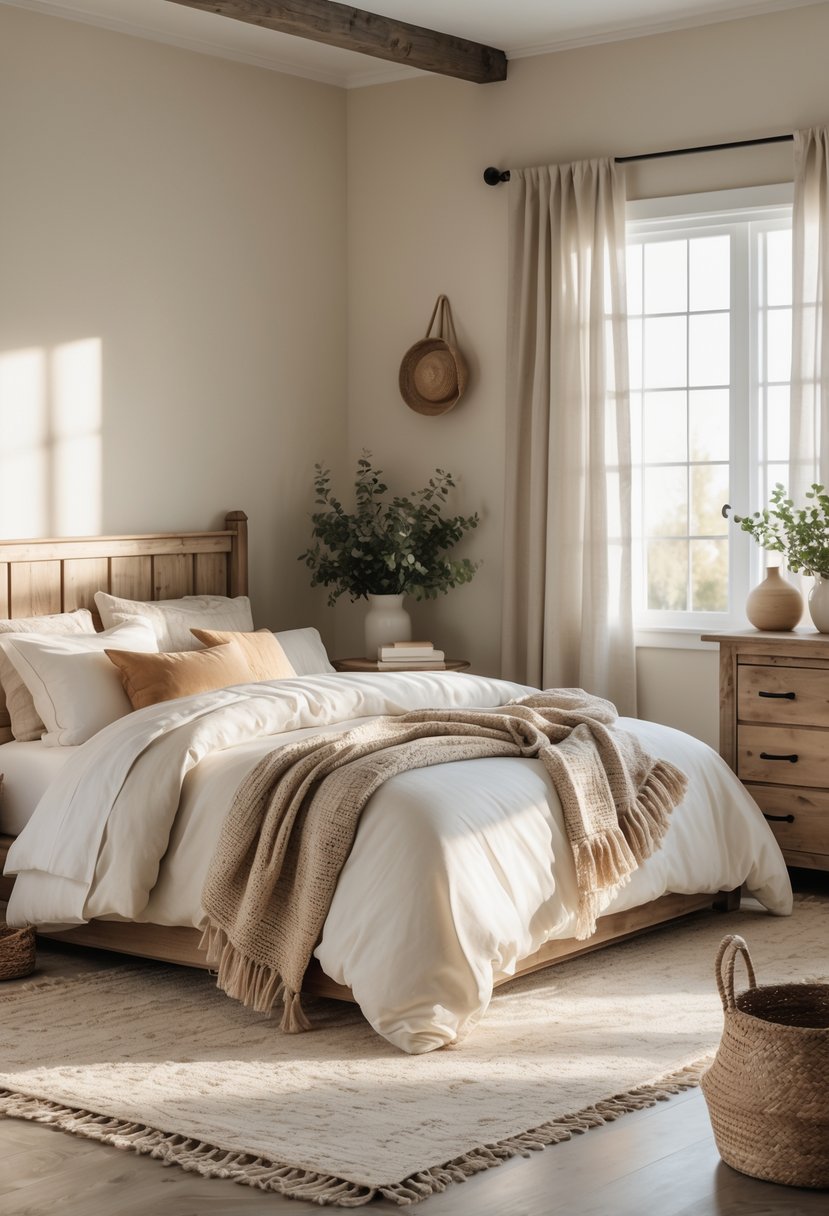 A calm bedroom with a bed, woven blankets and pillows, wooden furniture, and soft natural light.