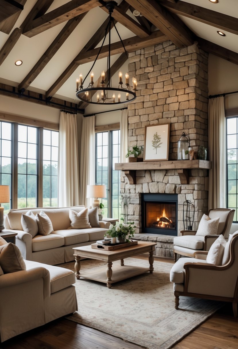 A spacious bedroom with a sitting area and a stone fireplace, featuring a large bed and natural light from windows.