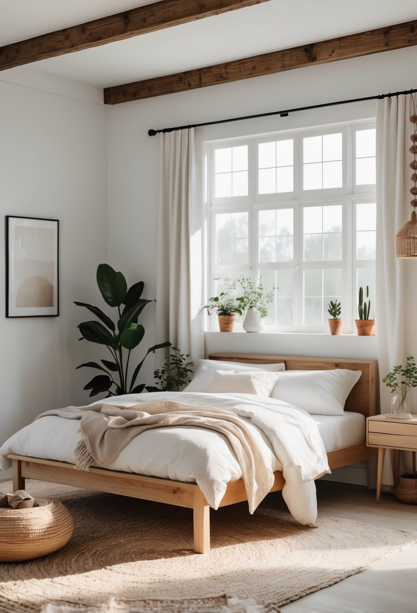 A bright bedroom with a wooden bed, white bedding, natural light coming through a large window, and simple furniture.