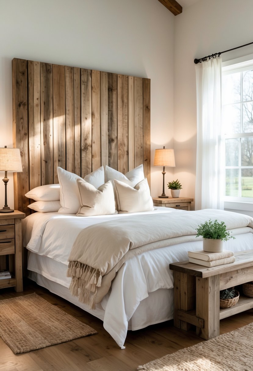 A bright bedroom with a bed featuring a large wooden headboard, bedside tables with lamps, and sunlight coming through a window.