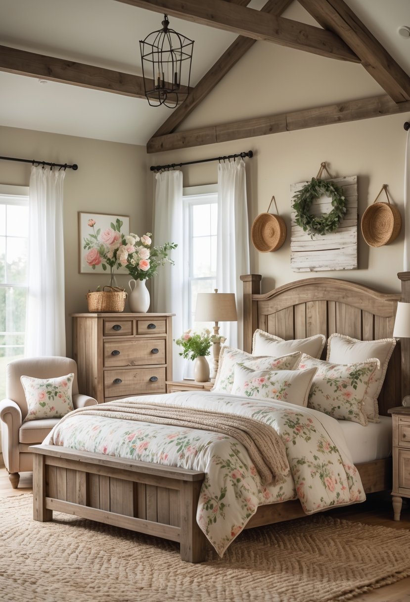 A cozy bedroom with a wooden bed, floral bedding, wooden furniture, and soft natural light coming through white curtains.