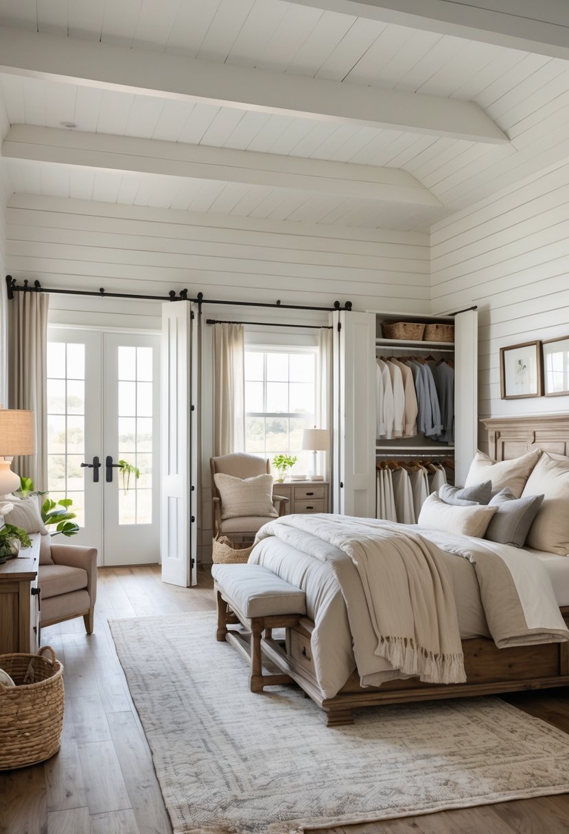 A spacious bedroom with a large bed and an open walk-in closet showing organized clothes and shelves.