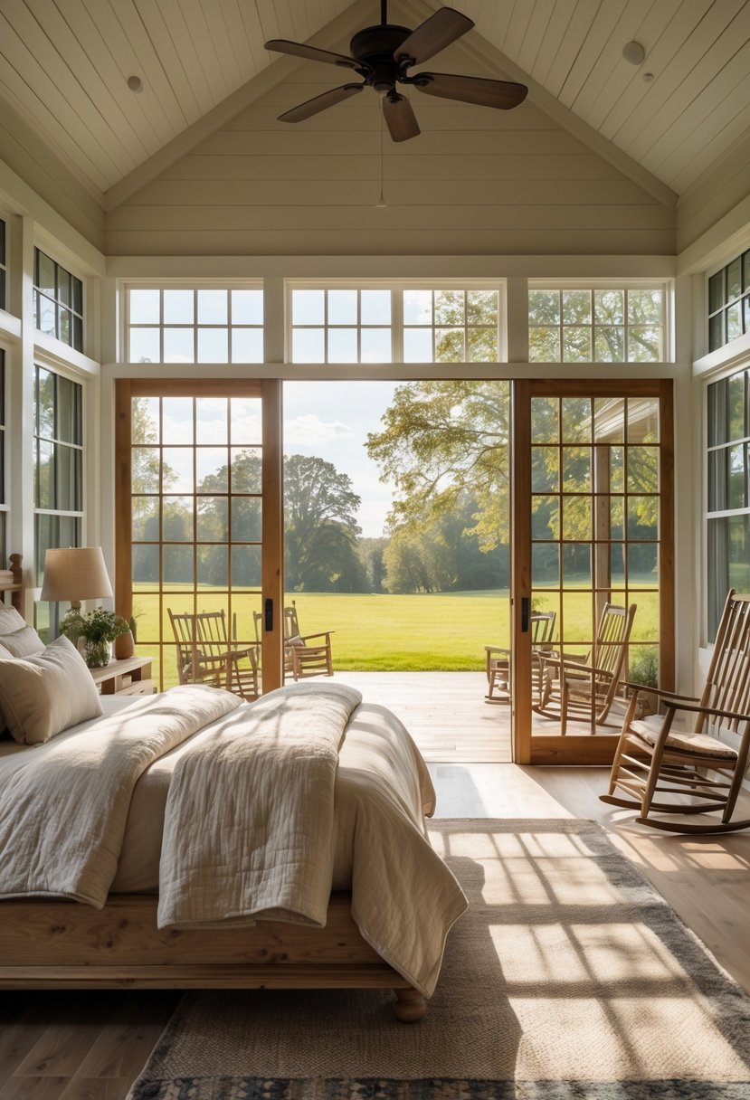 A spacious bedroom with a bed and wooden furniture opening onto a large front porch with outdoor seating and greenery.