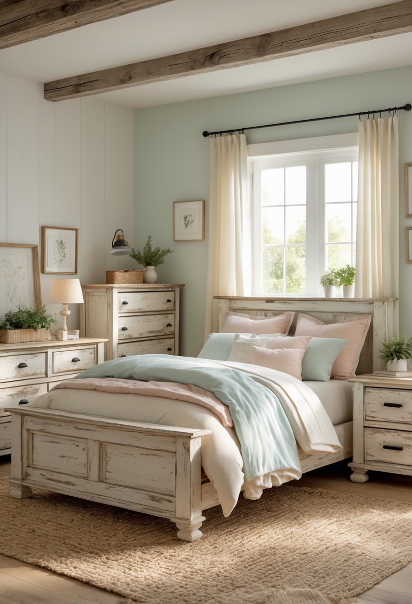 A cozy bedroom with a bed, distressed wooden furniture, soft lighting, and decorative plants.