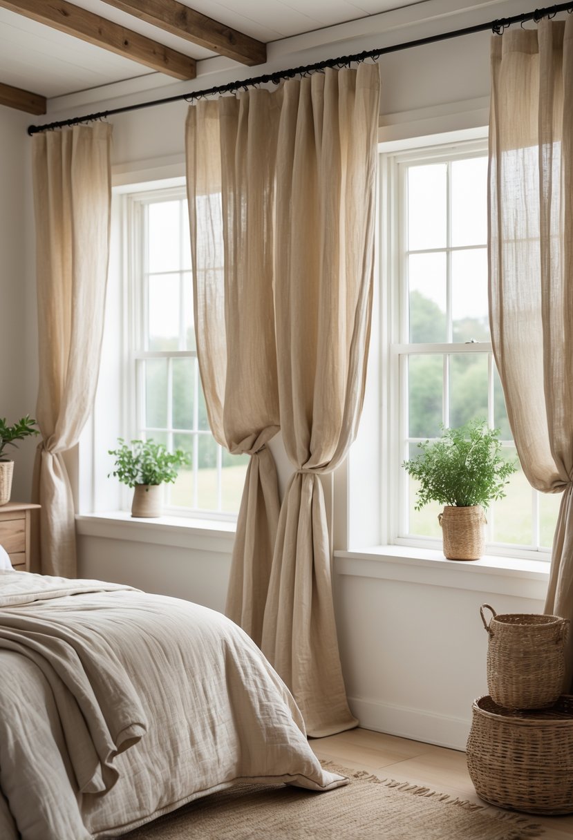 A bedroom with natural beige linen curtains hanging by a window, soft light coming through, and a bed with neutral bedding nearby.