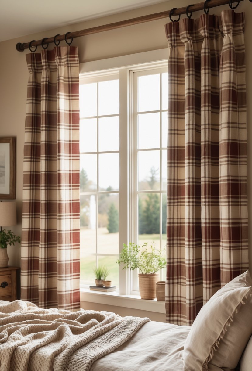 A bedroom with a window covered by plaid curtains, a wooden bed, and soft natural light coming through the window.