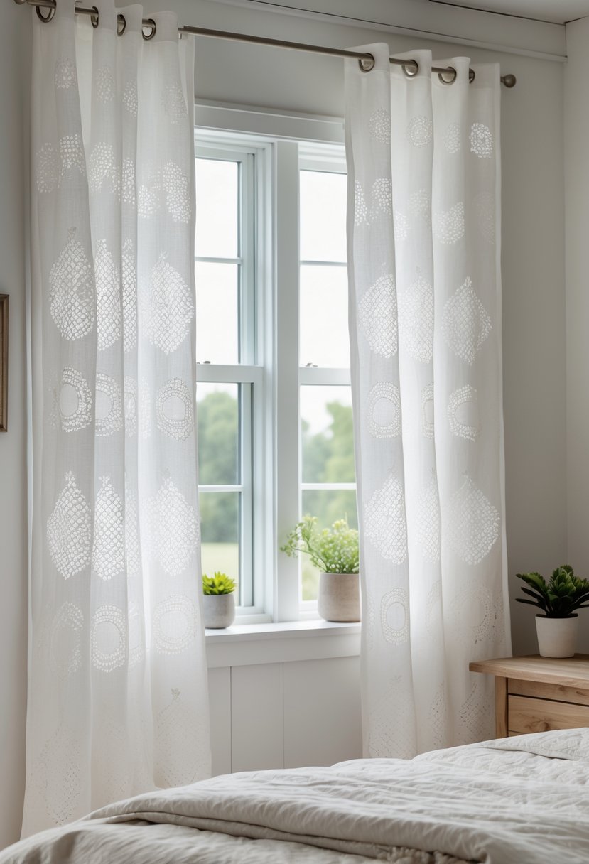 A bedroom with white cotton curtains on a window, a bed, and wooden furniture.