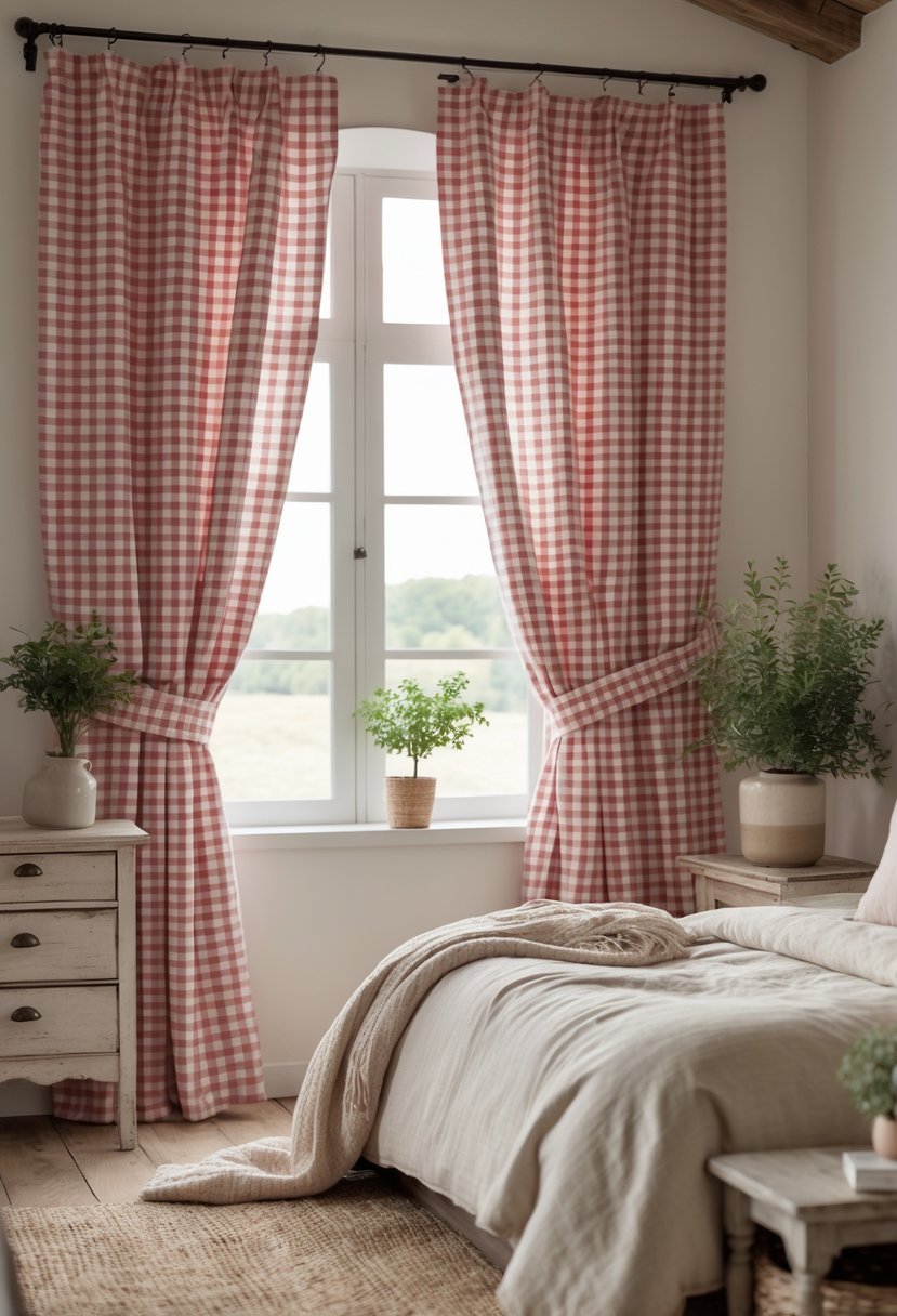 A bedroom with a large window covered by red and white checkered curtains, a bed, wooden furniture, and natural light filling the room.