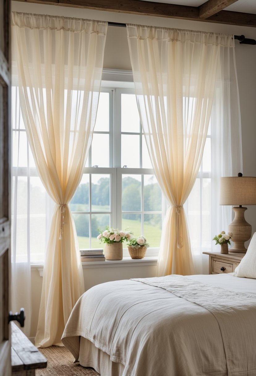 A bedroom with cream-colored sheer curtains hanging above a window, sunlight softly shining through.