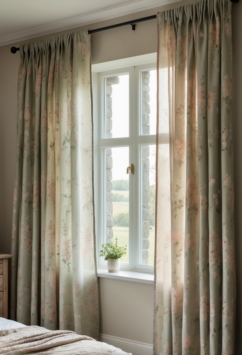 A bedroom with floral curtains hanging beside a window, a bed, and wooden furniture.