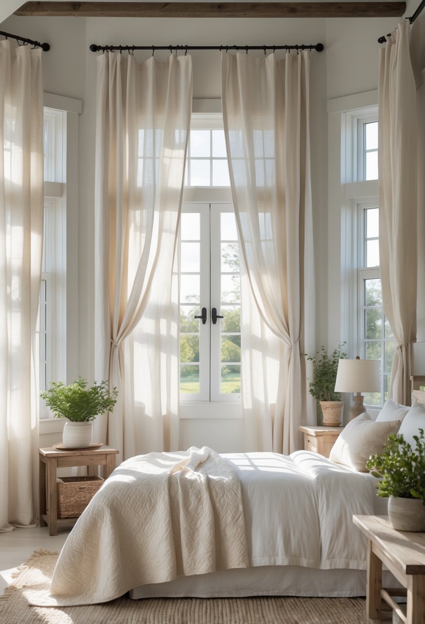 A farmhouse bedroom with large windows covered by light cotton blend curtains, featuring a bed, wooden furniture, and plants.