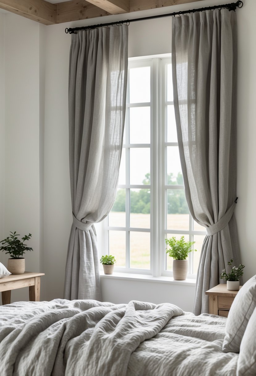 A bedroom with soft grey linen curtains hanging by a window, natural light coming through, and a neatly made bed with wooden furniture.