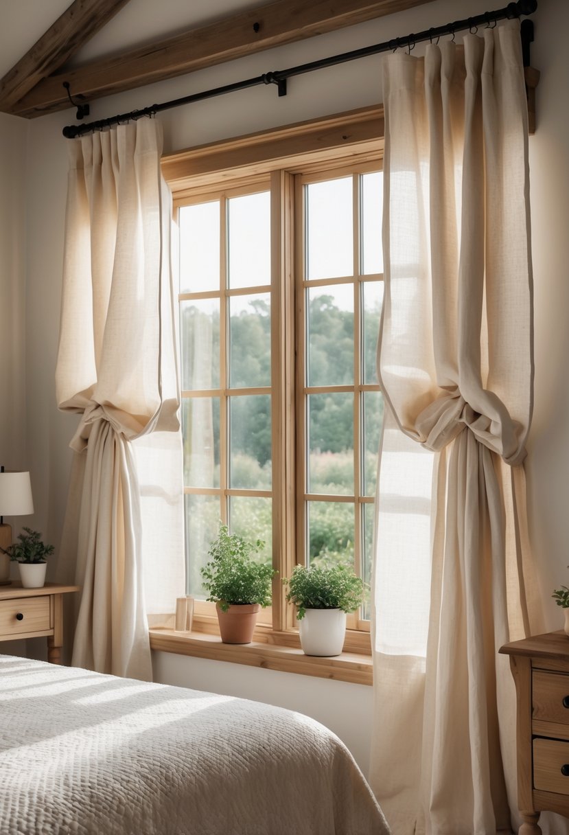 A bedroom with a window covered by tier curtains, a bed, and a bedside table with a lamp and plant.