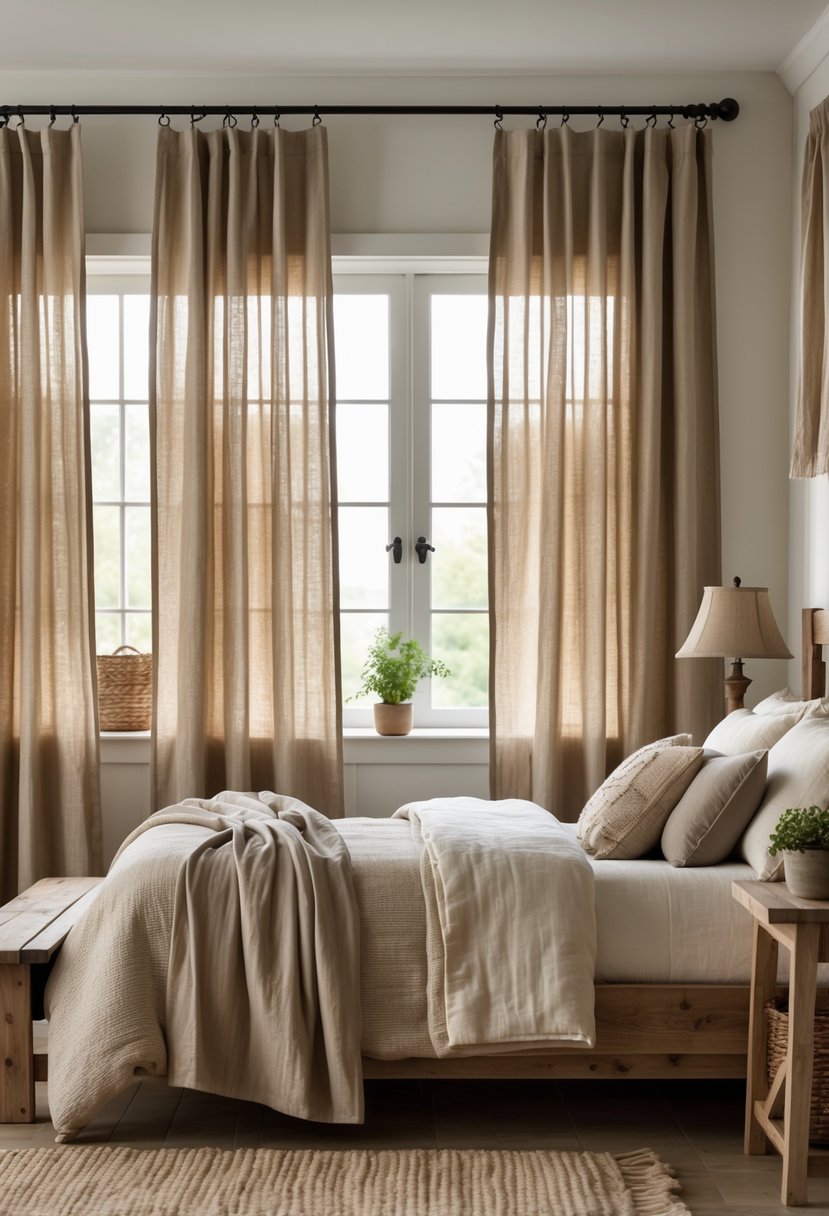 A bedroom with muted earth tone curtains hanging over windows, wooden furniture, and soft natural light filling the room.