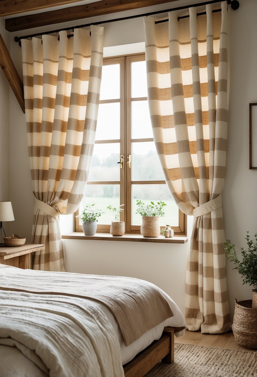 A bedroom with striped cotton curtains hanging over a window, soft light coming through, and a wooden bed with neutral bedding.