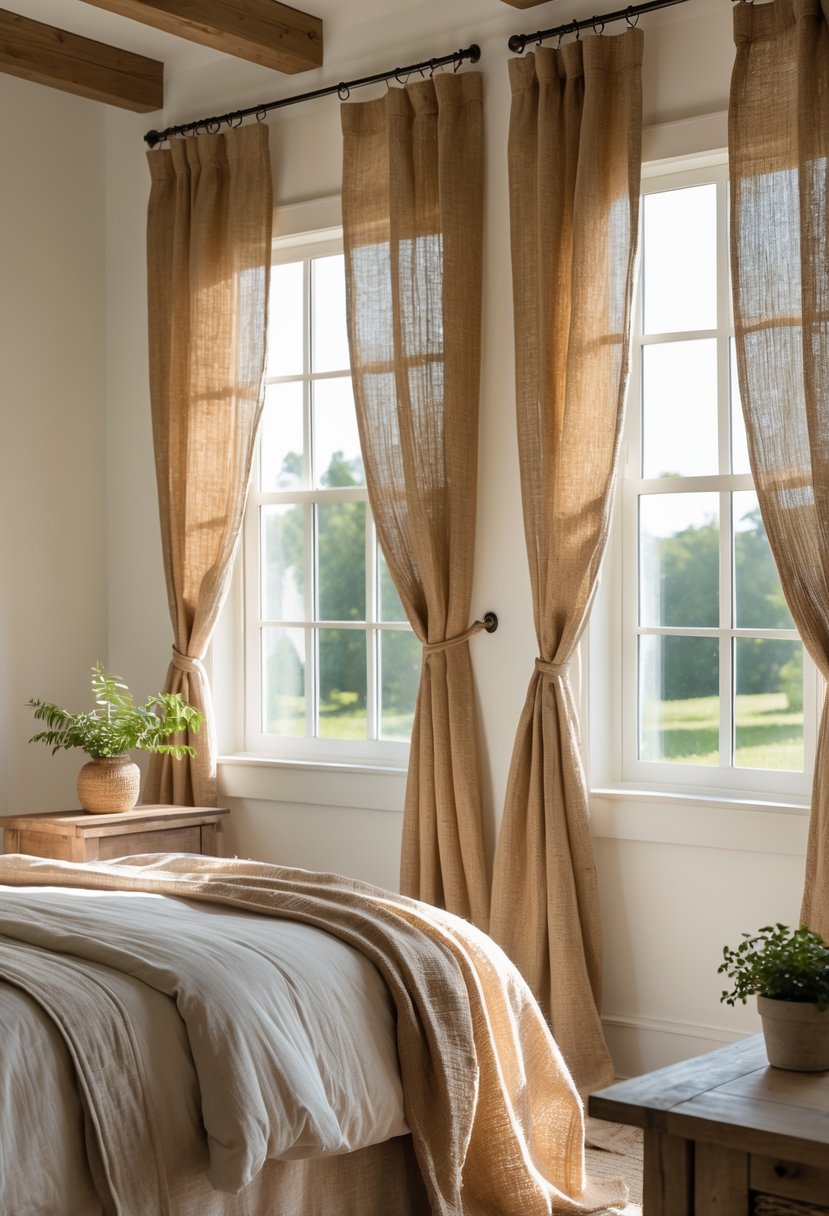 A bedroom with natural jute weave curtains hanging by a window, sunlight softly lighting the room with a bed and wooden furniture visible.