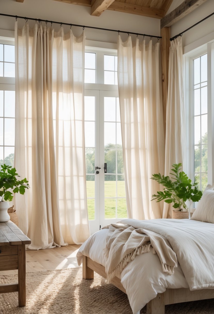A farmhouse bedroom with large windows covered by light filtering cotton curtains, a bed, wooden furniture, and plants.
