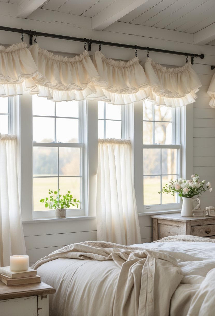 A bedroom with windows dressed in ruffled white cotton valances, sunlight streaming in, and a neatly made bed with wooden furniture.